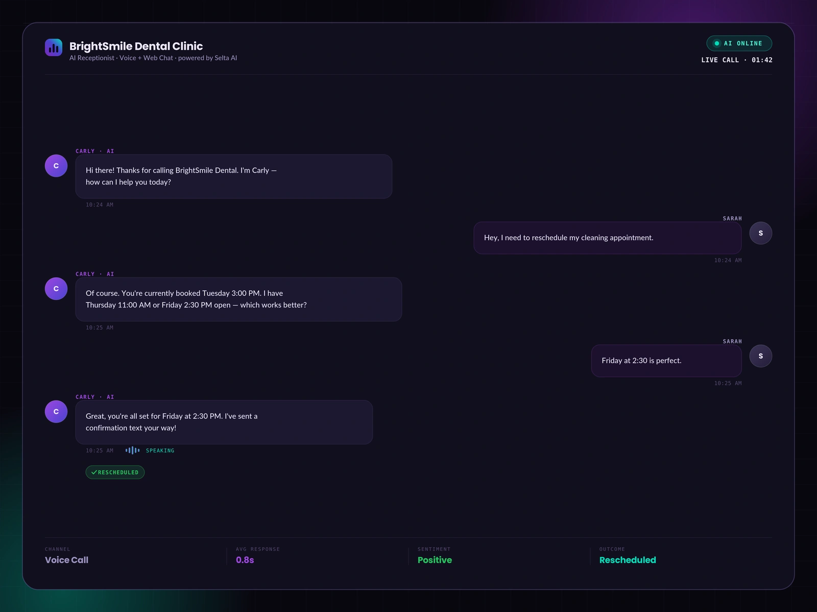 Selta AI receptionist handling a live patient conversation